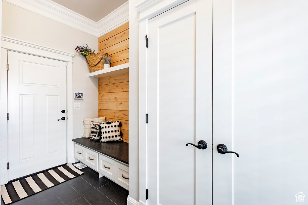 Mudroom featuring ornamental molding and wooden walls