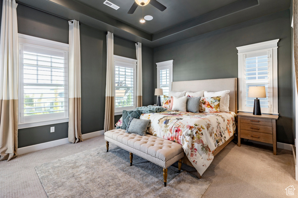 Bedroom with carpet floors, a tray ceiling, baseboards, and ceiling fan