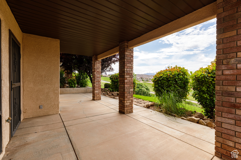 View of patio featuring a mountain view