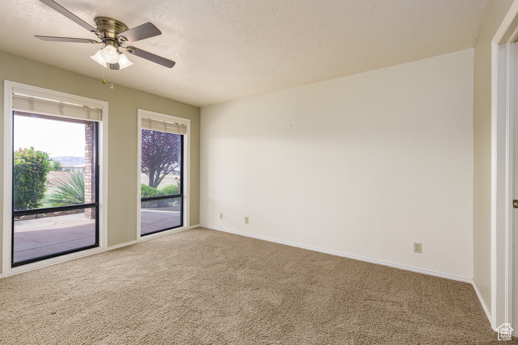 Spare room with carpet flooring, baseboards, a textured ceiling, and a ceiling fan