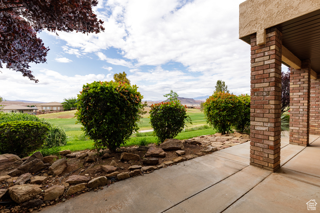 View of patio featuring a mountain view