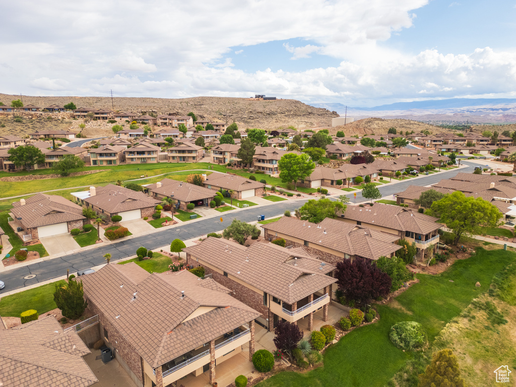 Aerial perspective of suburban area featuring mountains