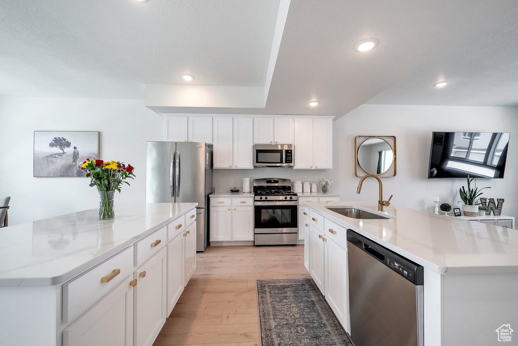 Kitchen featuring stainless steel appliances, a center island with sink, a sink, recessed lighting, and light wood-style flooring