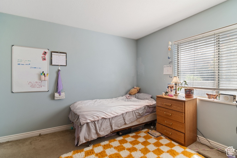 Bedroom featuring light carpet