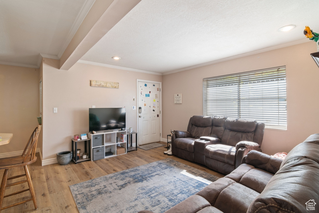 Living room featuring crown molding, wood finished floors, recessed lighting, and baseboards