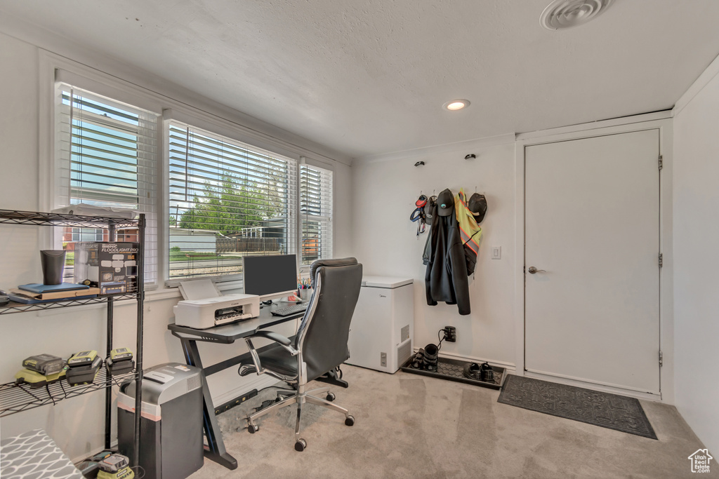 Office with light colored carpet, recessed lighting, and baseboards
