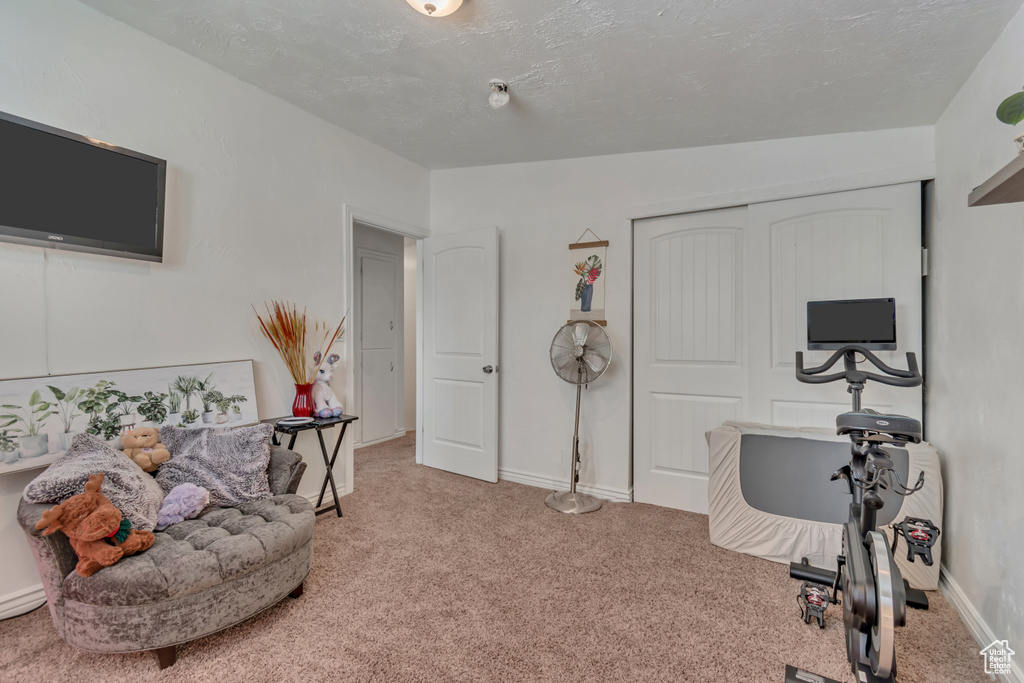 Sitting room with carpet flooring and baseboards