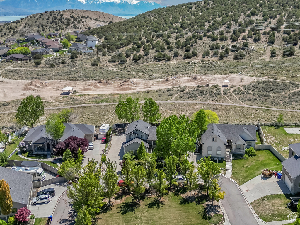 Aerial view of residential area featuring mountains