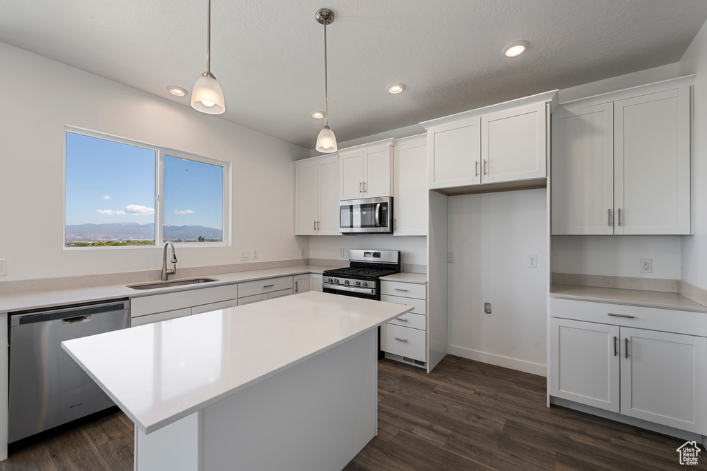 Kitchen featuring stainless steel appliances, a sink, white cabinetry, and recessed lighting