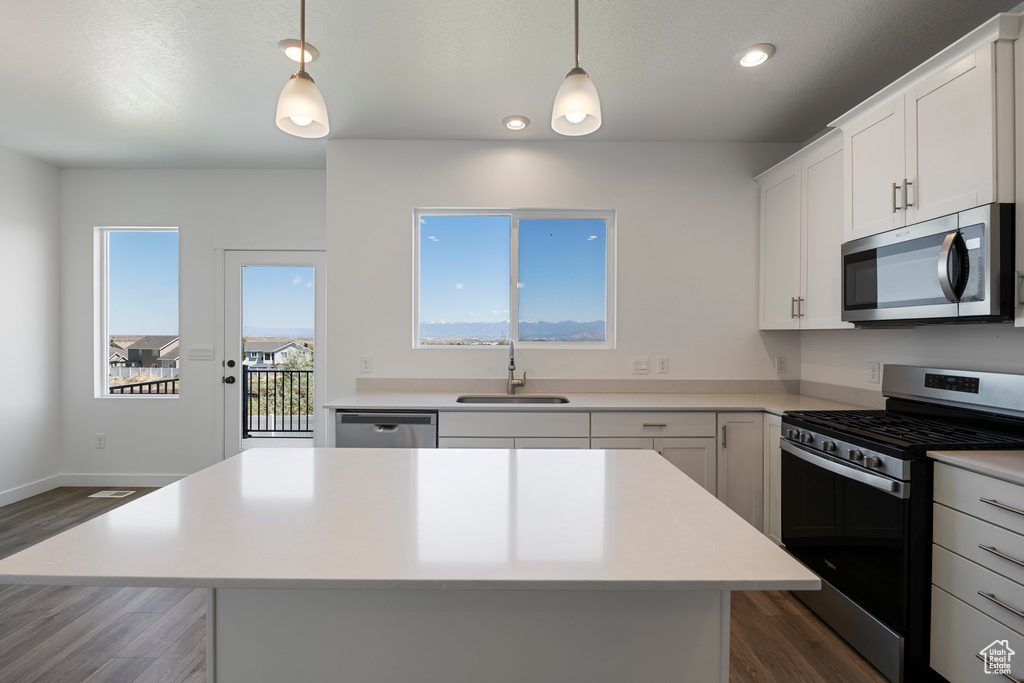 Kitchen with stainless steel appliances, a sink, dark wood-style floors, light countertops, and recessed lighting
