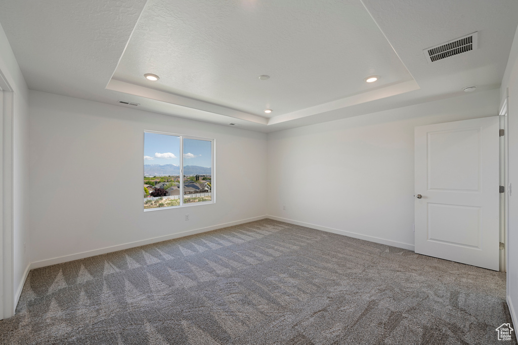 Carpeted spare room with a raised ceiling, baseboards, and recessed lighting