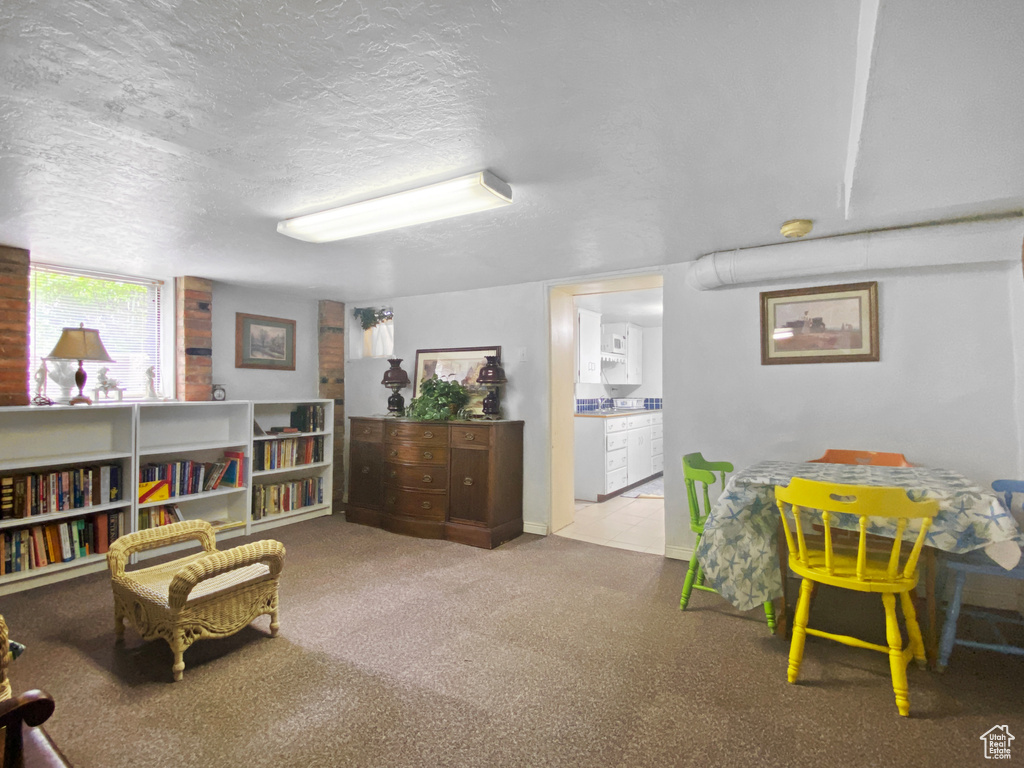 Sitting room with carpet and a textured ceiling