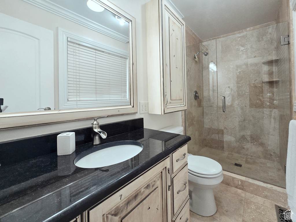 Bathroom with crown molding, a stall shower, toilet, and vanity