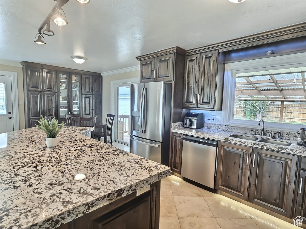 Kitchen with appliances with stainless steel finishes, a sink, dark brown cabinetry, plenty of natural light, and crown molding