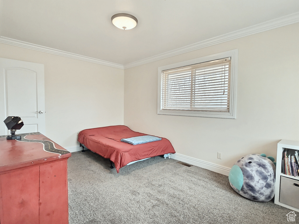 Carpeted bedroom with crown molding and baseboards