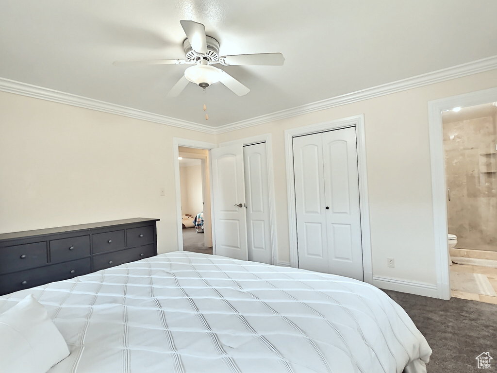Bedroom featuring two closets, ornamental molding, baseboards, ensuite bath, and carpet floors