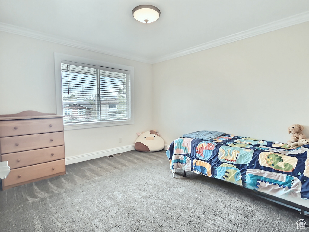 Carpeted bedroom with crown molding and baseboards