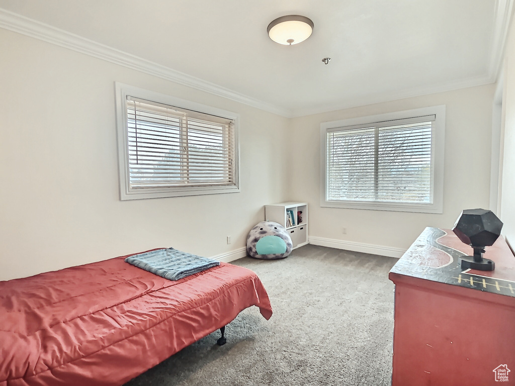 Bedroom with carpet floors, ornamental molding, and baseboards