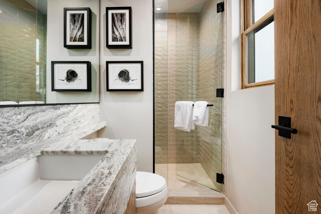 Full bath featuring a stall shower, toilet, tile patterned floors, and vanity