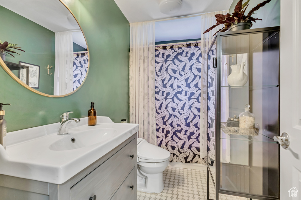 Full bathroom featuring vanity, toilet, and a shower with curtain