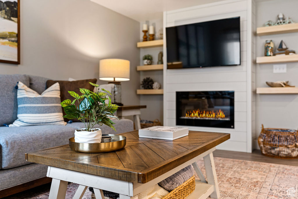 Living room featuring wood finished floors and a large fireplace