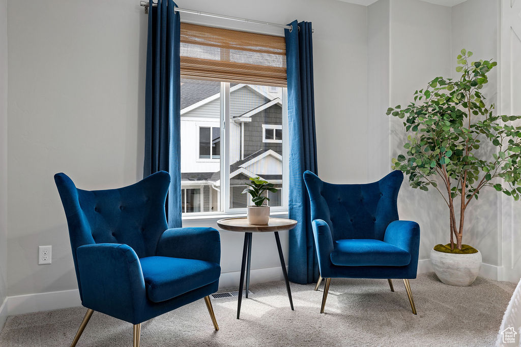 Sitting room with carpet and baseboards
