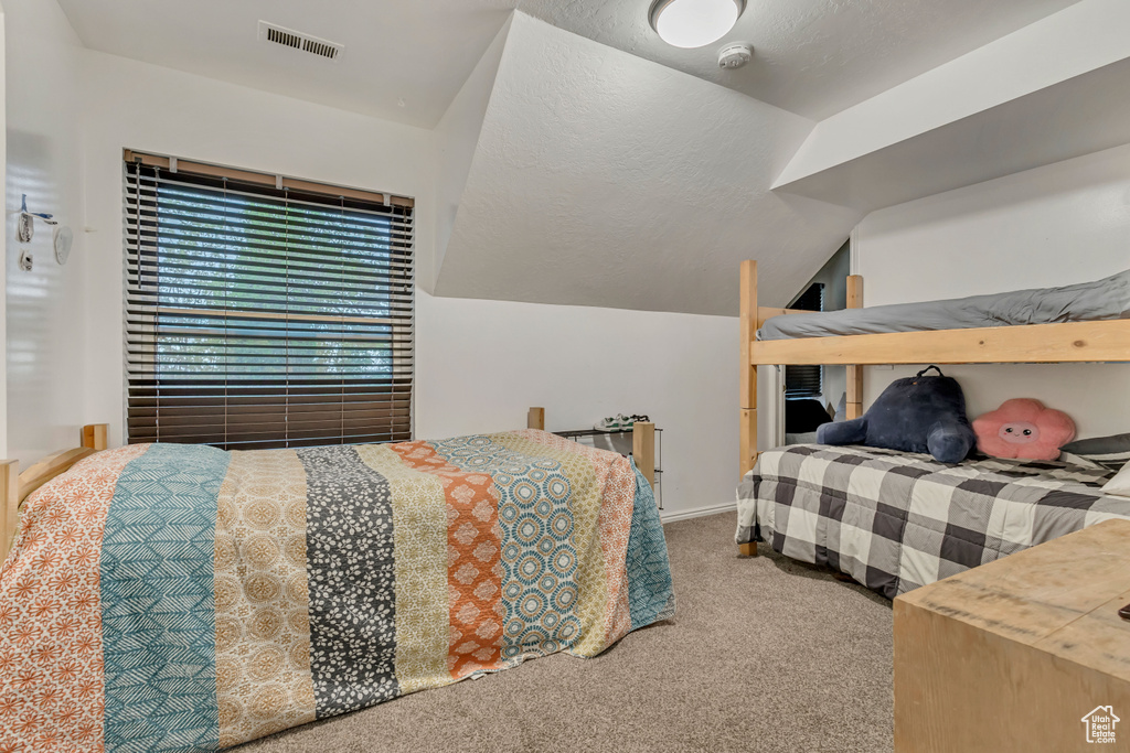Carpeted bedroom with lofted ceiling and visible vents