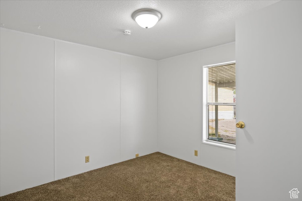 Carpeted spare room featuring a textured ceiling