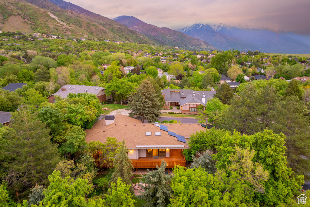 Aerial view at dusk with a mountain view