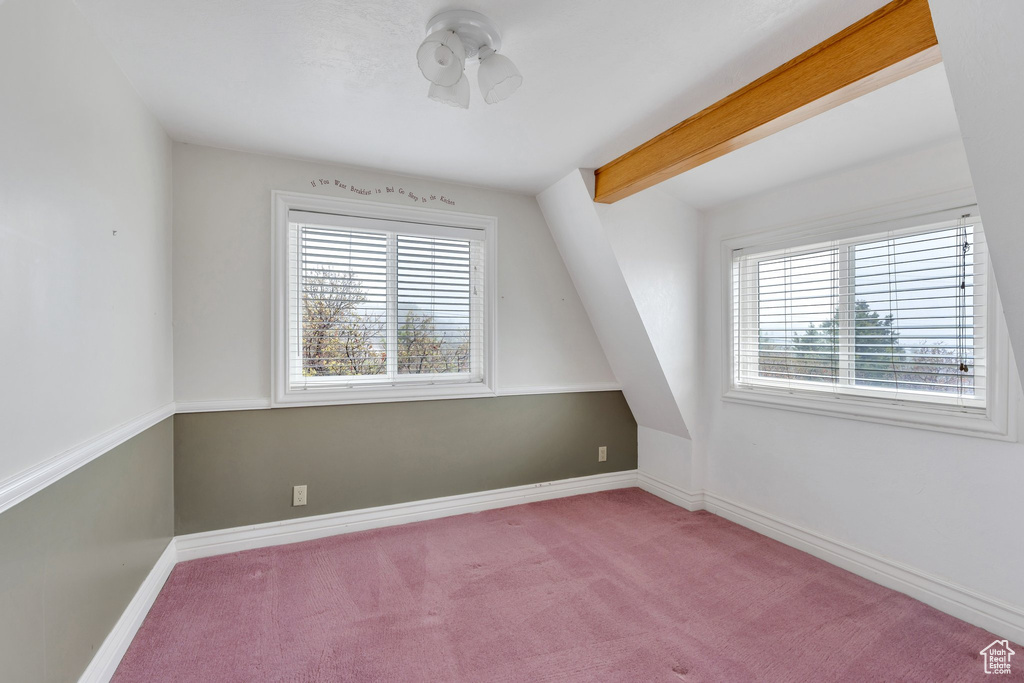 Bonus room featuring plenty of natural light, carpet, and baseboards