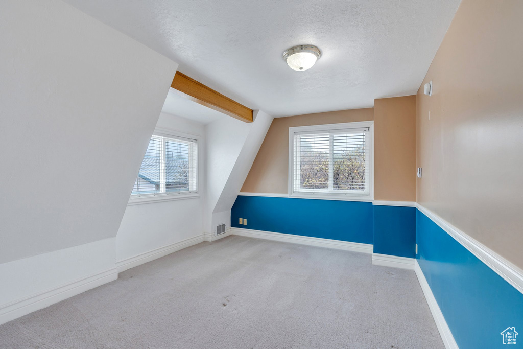 Additional living space featuring carpet floors, plenty of natural light, baseboards, and a textured ceiling