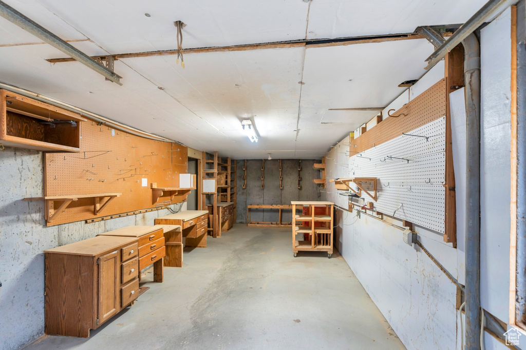 Basement with a workshop area