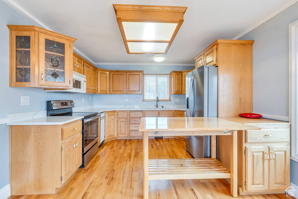 Kitchen with appliances with stainless steel finishes, a sink, light countertops, glass insert cabinets, and light wood-style floors