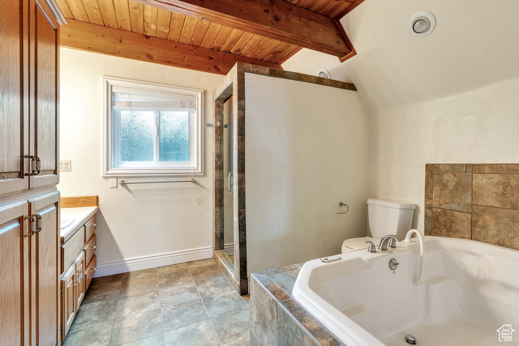 Full bathroom featuring wood ceiling, toilet, vanity, a garden tub, and a shower stall