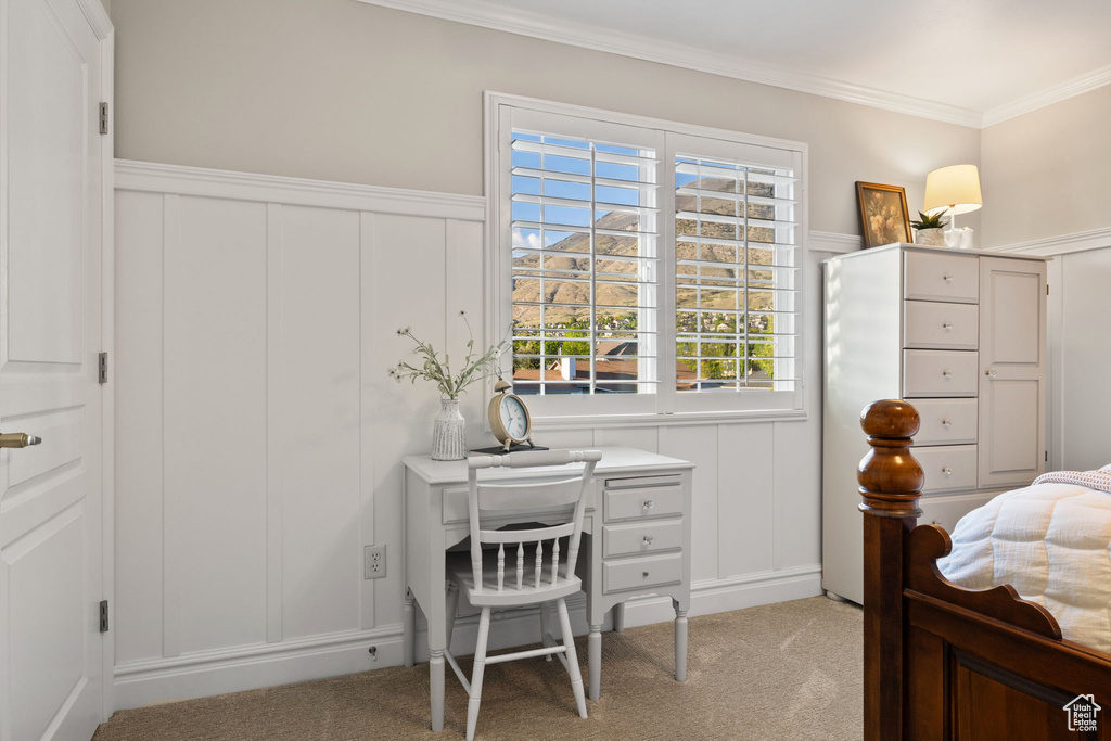 Bedroom with a decorative wall, light colored carpet, crown molding, and a wainscoted wall