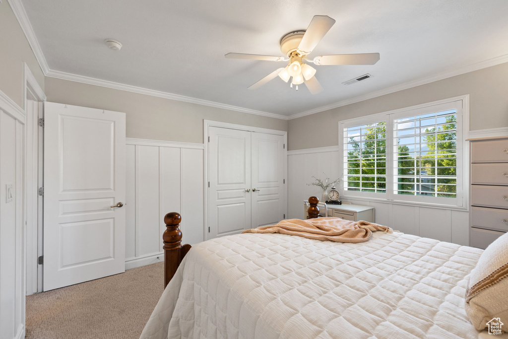 Carpeted bedroom with ornamental molding, a decorative wall, ceiling fan, two closets, and wainscoting