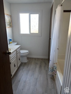 Bathroom with wood finished floors, toilet, vanity, and baseboards