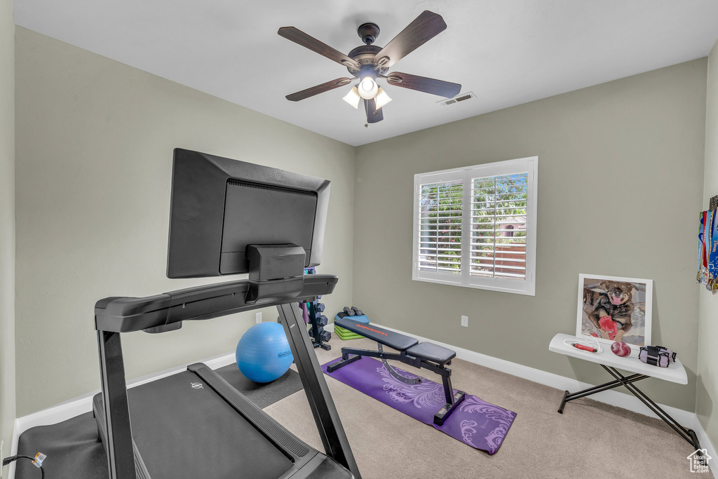 Exercise room with ceiling fan, baseboards, and carpet flooring