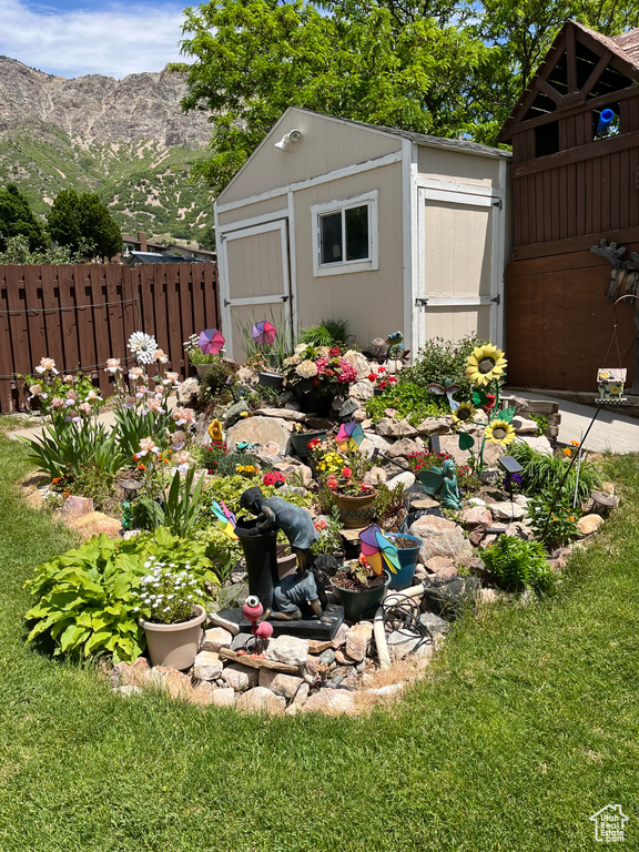 View of shed featuring a mountain view