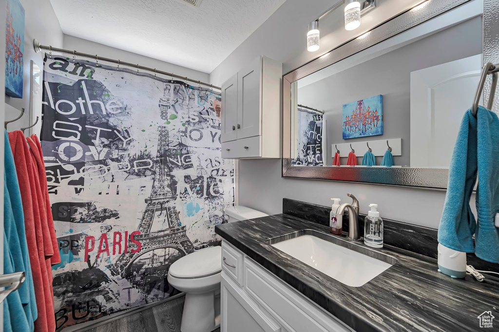 Bathroom with toilet, vanity, wood finished floors, a textured ceiling, and a shower with curtain