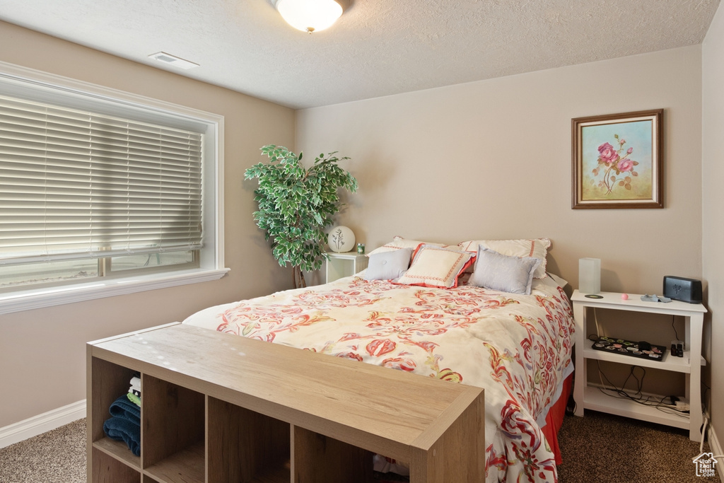 Bedroom featuring carpet, baseboards, and a textured ceiling