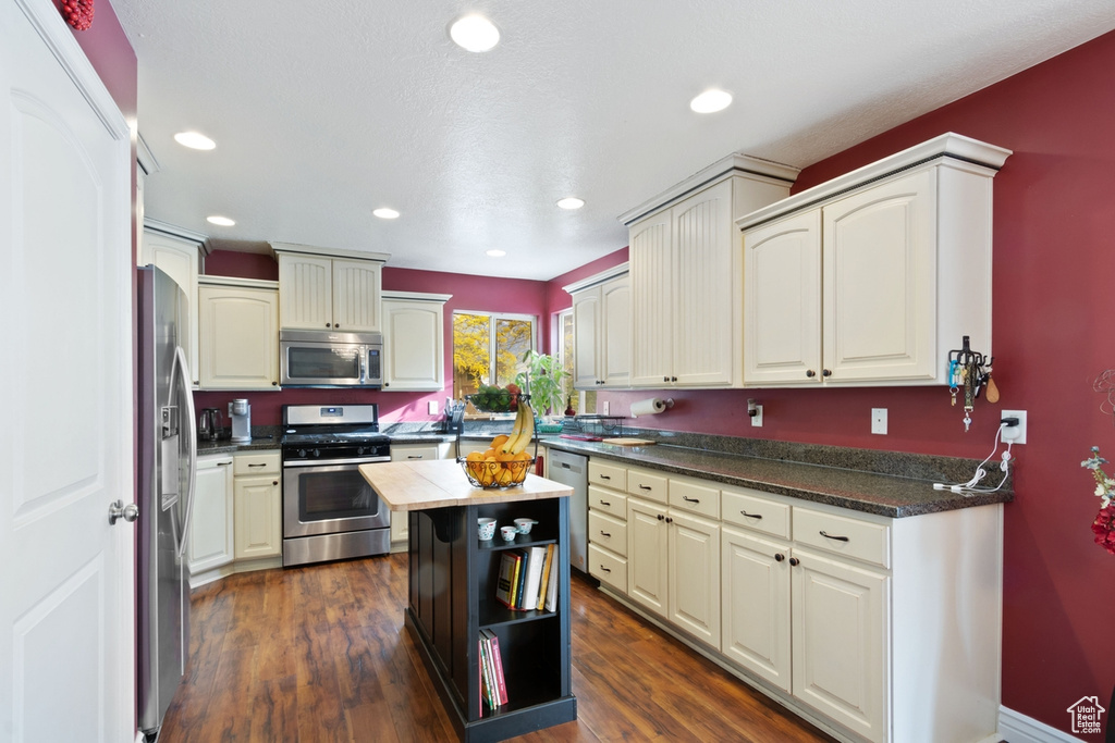 Kitchen featuring stainless steel appliances, dark wood-type flooring, and recessed lighting