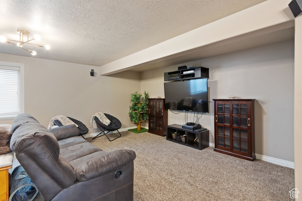 Carpeted living room featuring a textured ceiling and baseboards
