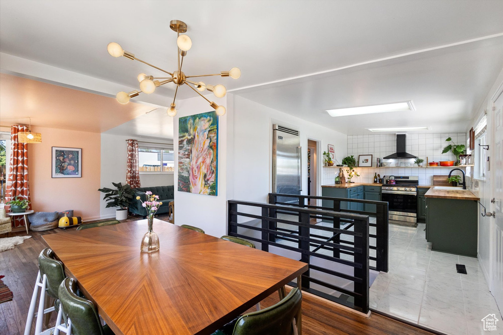 Dining room with a chandelier