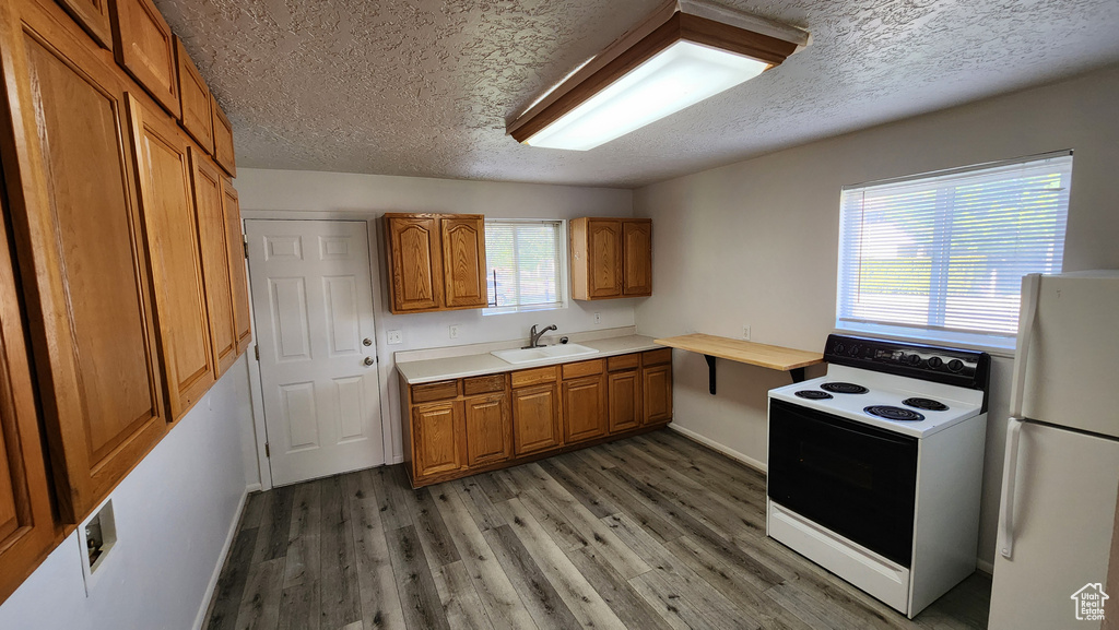 Kitchen with white appliances, a sink, brown cabinetry, a textured ceiling, and light wood-style flooring
