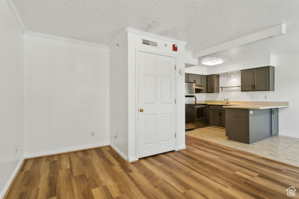 Kitchen with light wood-type flooring, stainless steel range with electric cooktop, ornamental molding, light countertops, and a peninsula