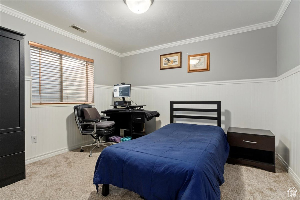 Carpeted bedroom with crown molding, wainscoting, and baseboards