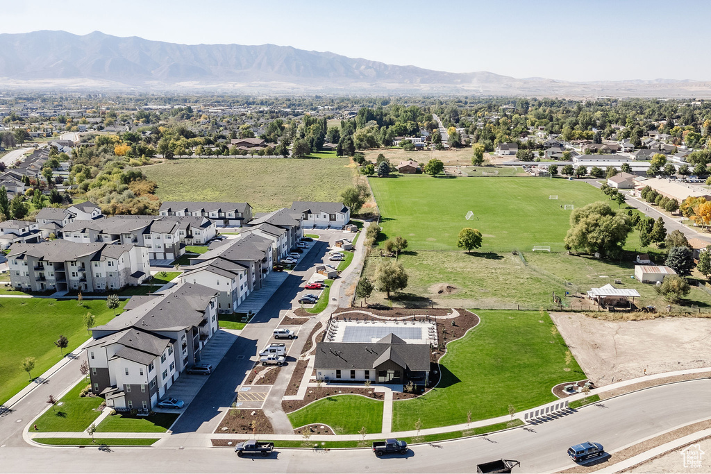 Aerial view of residential area with a mountain backdrop