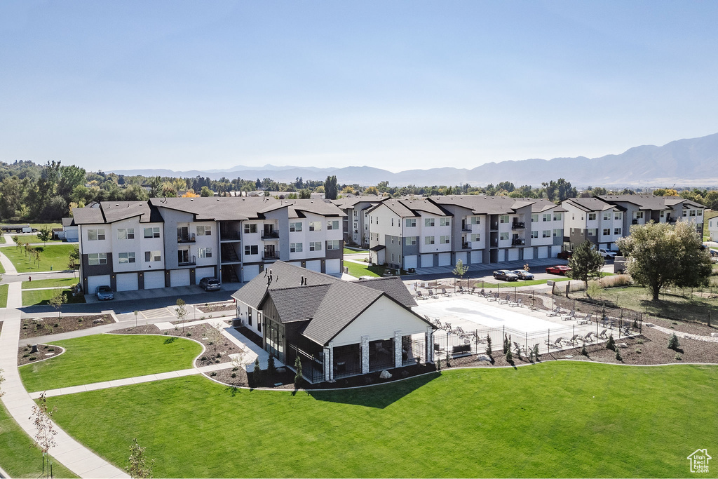 Aerial view of residential area with mountains