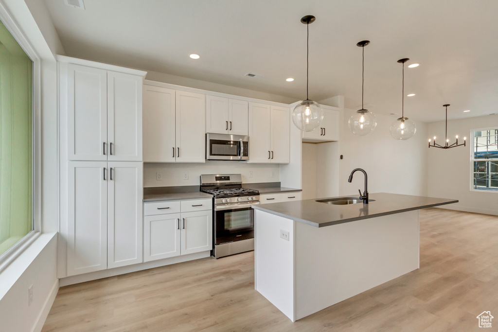 Kitchen with stainless steel appliances, a sink, light wood-style floors, white cabinetry, and recessed lighting